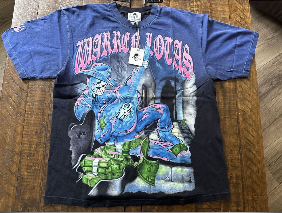 Dark blue "WARREN LOTAS" t-shirt with graphic of blue figure playing guitar.