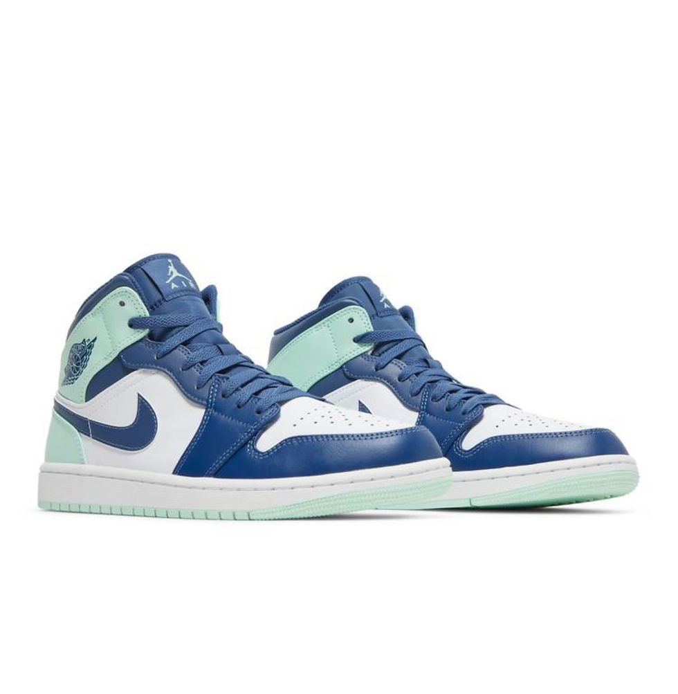 Pair of Nike Air Jordan 1 Mid sneakers, white, blue, mint green.