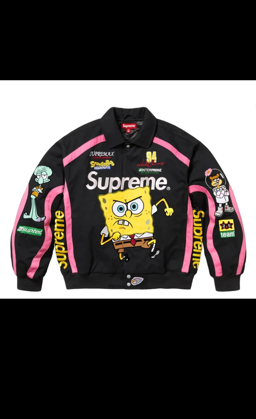 Black Supreme racing jacket with Spongebob, Squidward, Patrick embroidery, pink stripes.