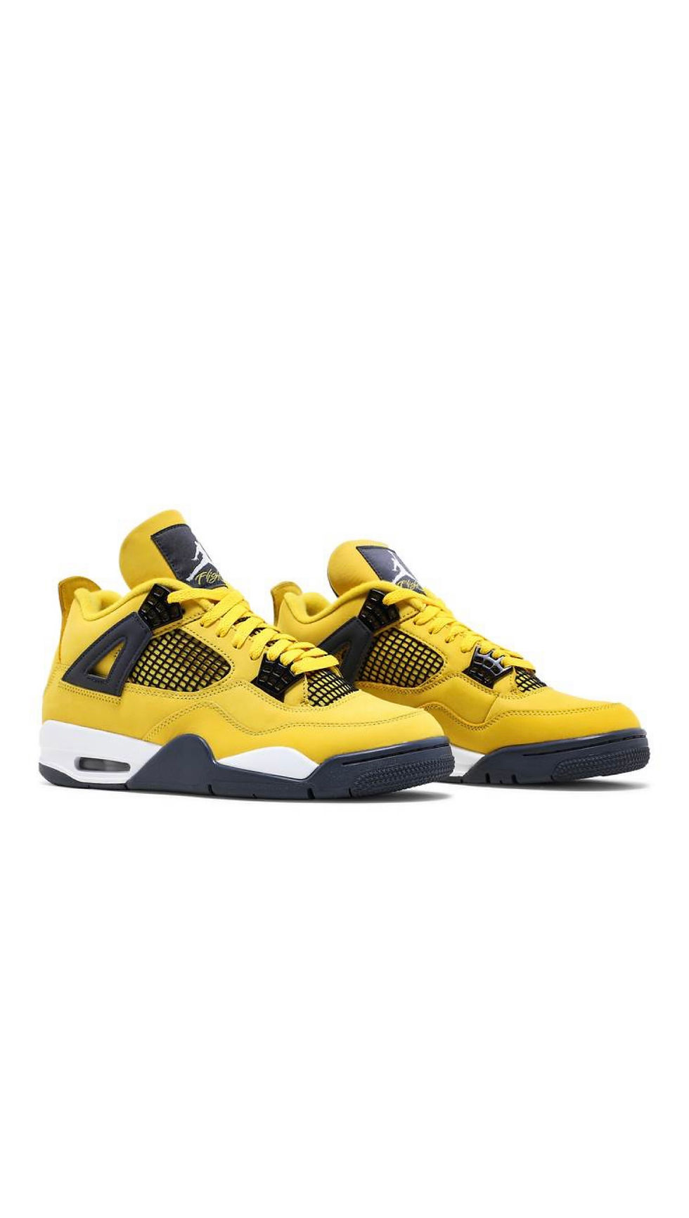 Vibrant yellow and blue Air Jordan 4 sneakers, isolated on white background.
