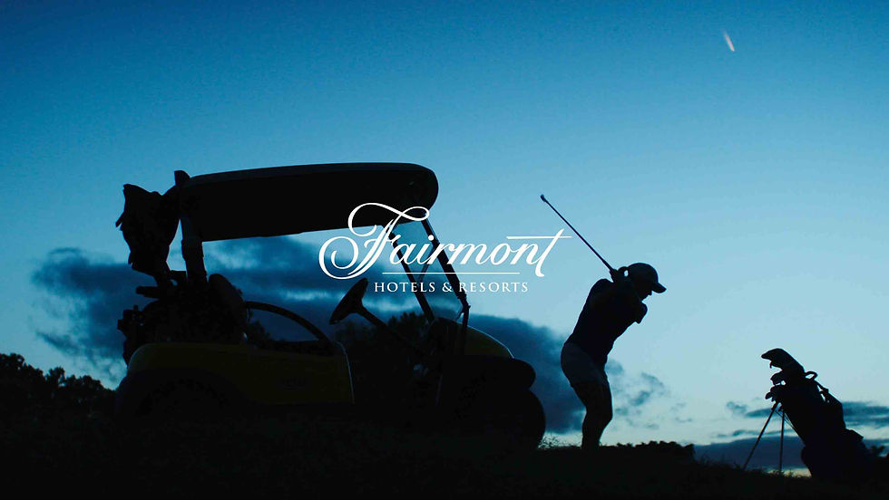 female golfer at dusk next to a golf kart, the Fairmont Hotels logo is in the center