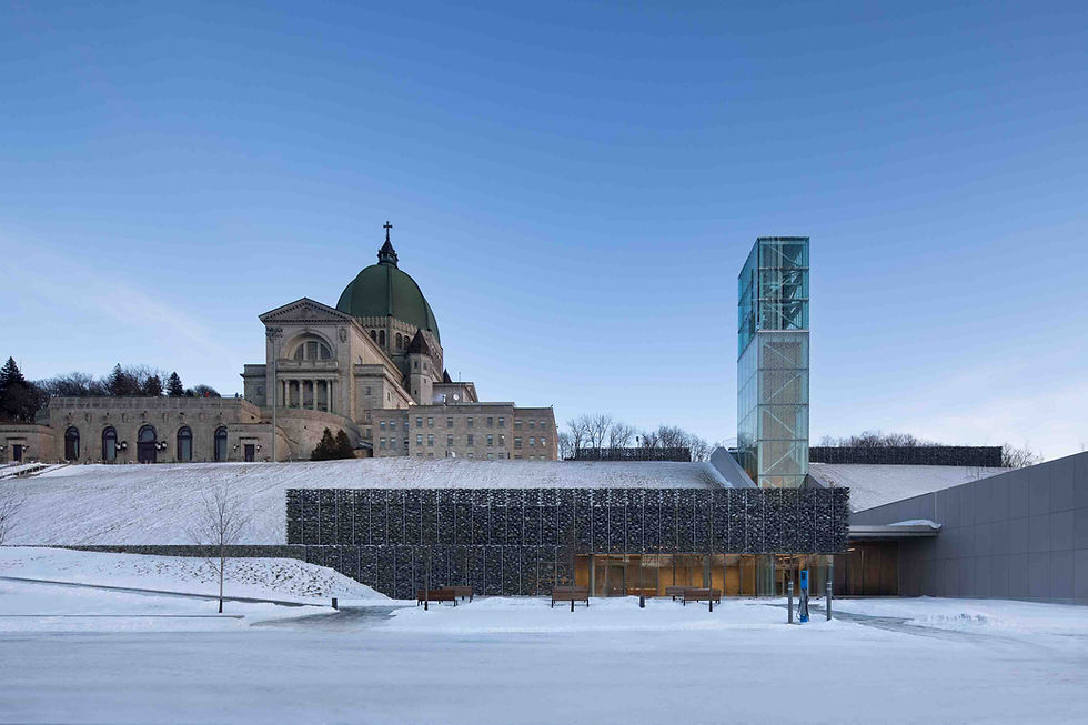 historic cathedral with a modern architectural pavilion and a glass tower, in winter