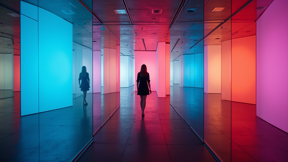 Eye-level view of an immersive art installation with colorful lights and mirrors