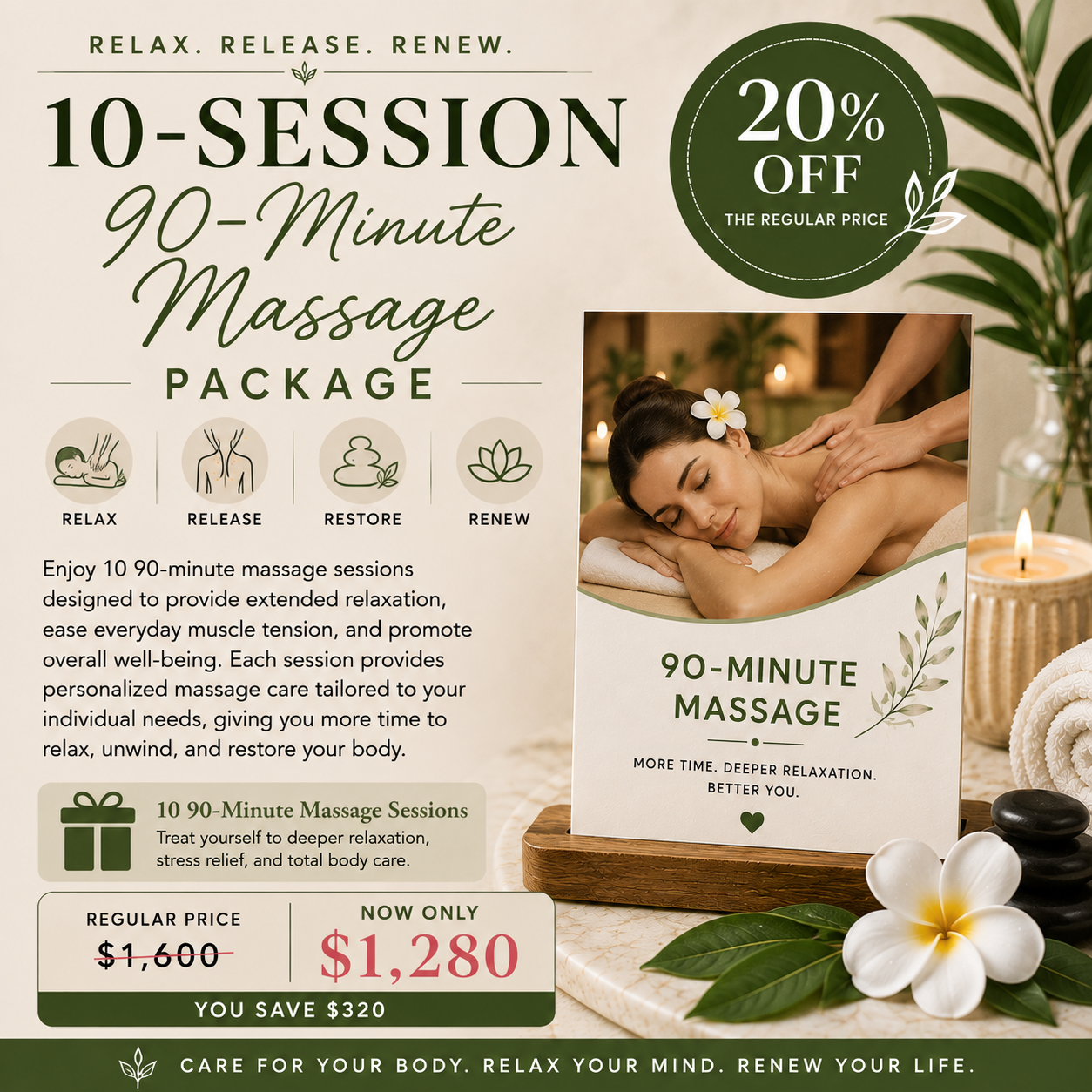 10-Session 90-Minute Massage Package – 20% Off