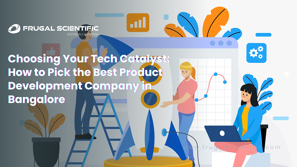 Two people interact with a rocket model against a tech-themed backdrop. Text: "Choosing Your Tech Catalyst..." by "Frugal Scientific".