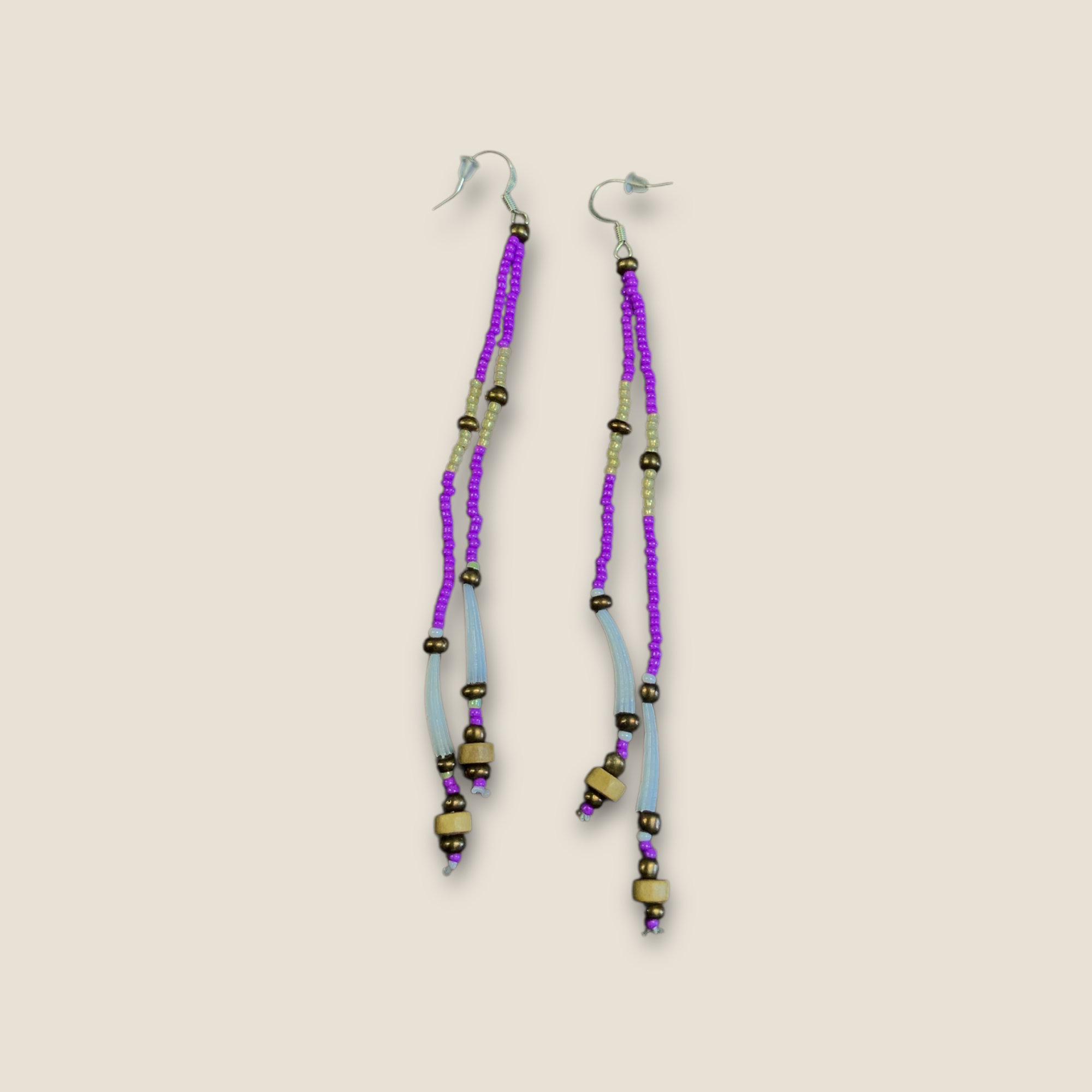 Purple beaded earrings with mini dentalium 