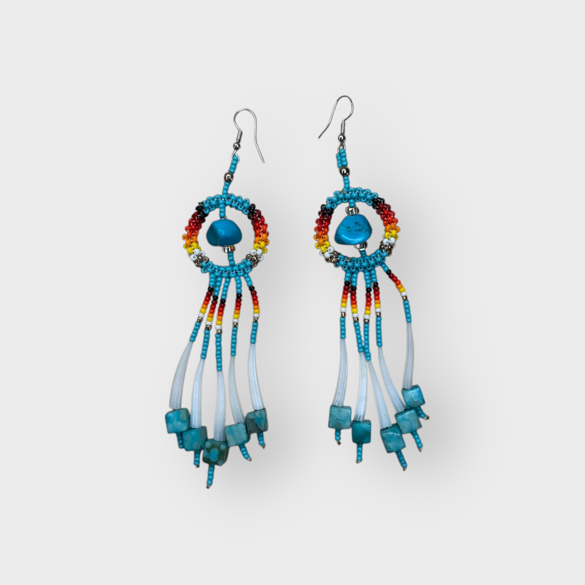Long Turquoise blue earrings with dentalium 