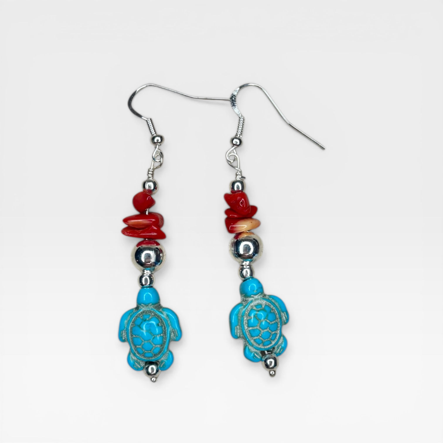 Red Coral and Turquoise Turtle Earrings