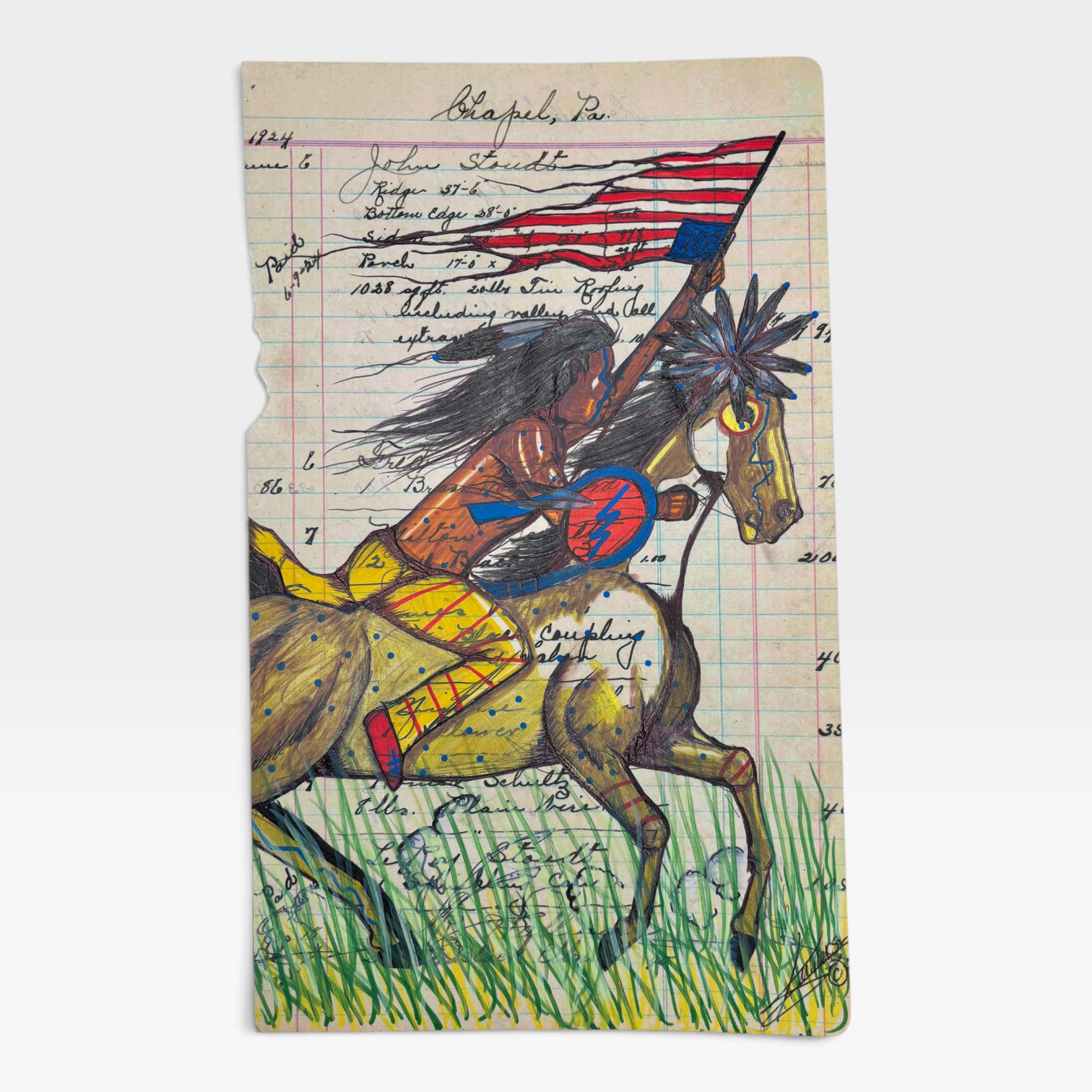 Untitled Original Ledger Art by Kenny Miller (Captured Flag)