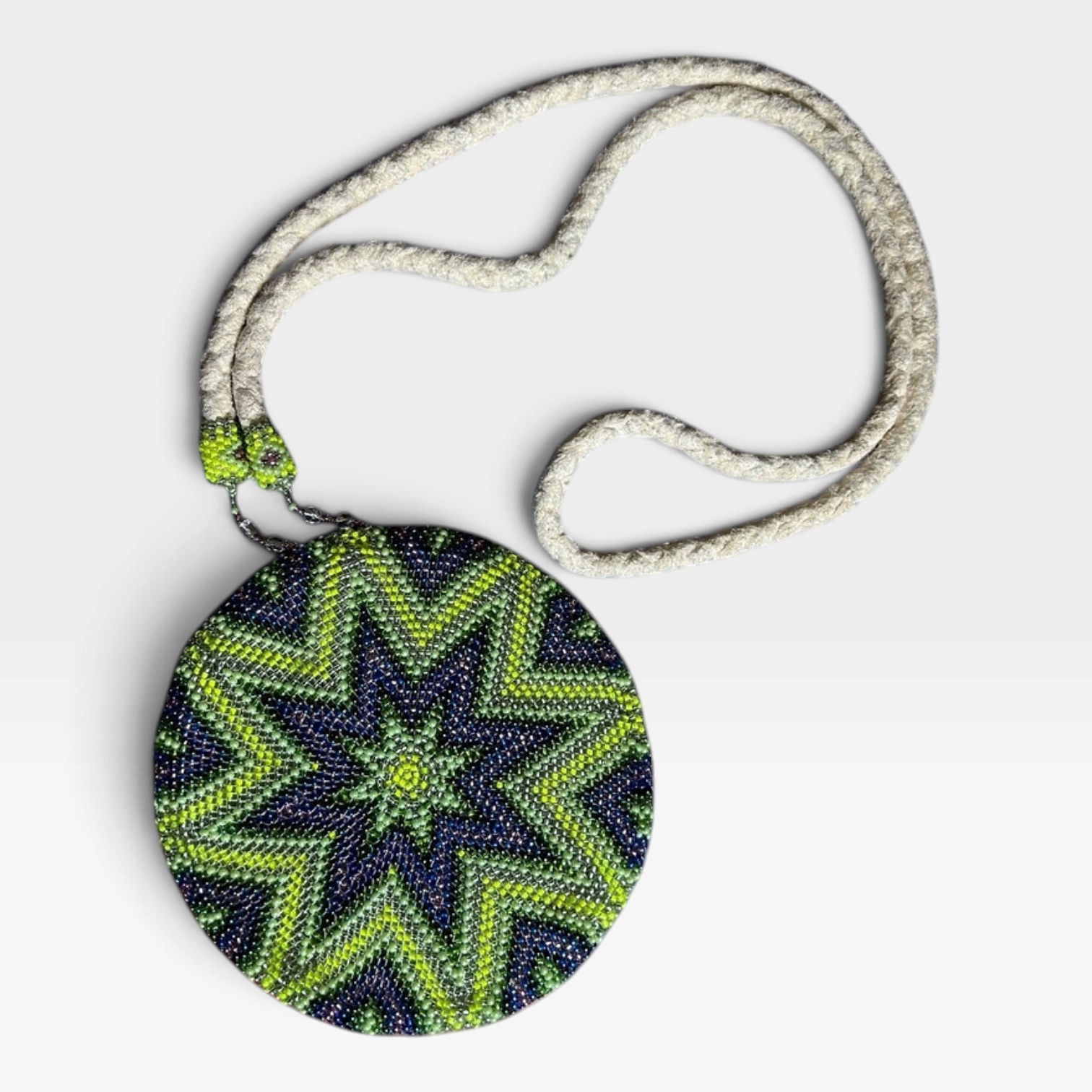 Beaded Green Medallion with Braided Leather Strap