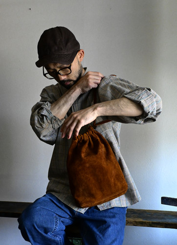 Cow Leather Back Side Drawstring Bag 