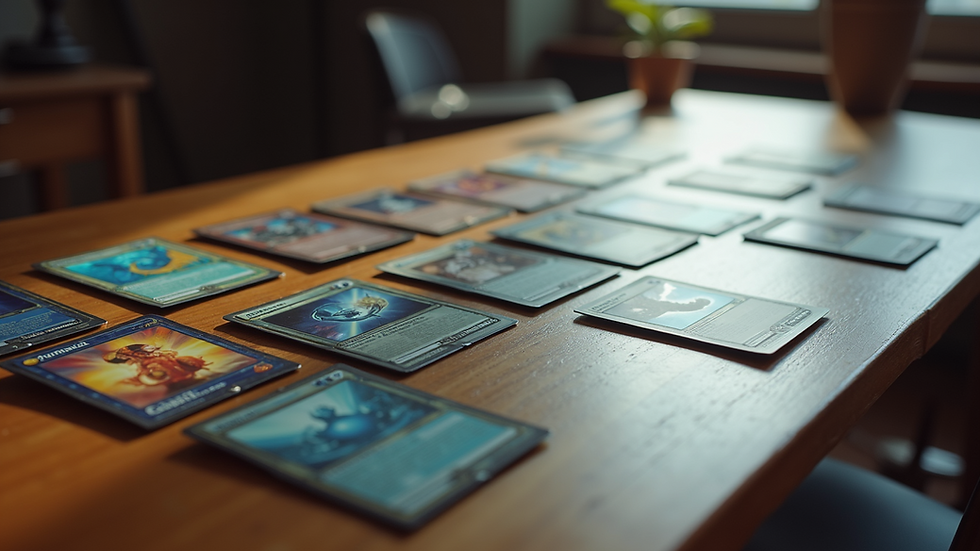 High angle view of a table with popular collectible cards from Pokémon, Magic: The Gathering, and Yu-Gi-Oh!