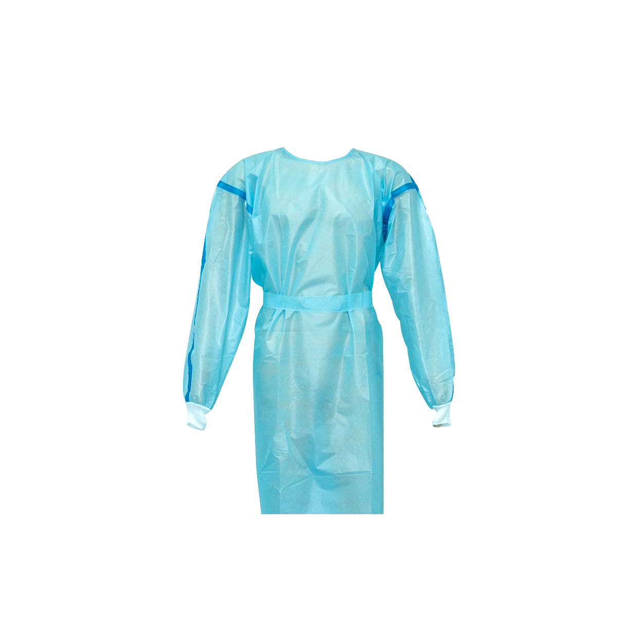 Blue PP+PE Level 3 disposable isolation gown with knit cuffs and waist belt, front view.