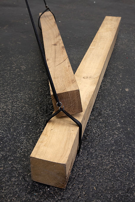 Simona Brinkmann, Underling - detail - oak, black leather straps, metal fitttings, avant bridle harness sculpture, installation, contemporary art, post-minimalism, Hold On! Solo show at The Agency, London.