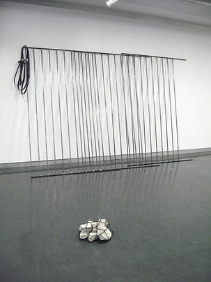 Simona Brinkmann, Doors Become Bridges - steel, graphite, leather. Panorama - concrete rubble, cargo net. Sculpture, contemporary art, post-minimalism.