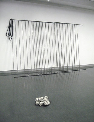 Simona Brinkmann, Doors Become Bridges - steel, graphite, leather. Panorama - concrete rubble, cargo net. Sculpture, contemporary art, post-minimalism.