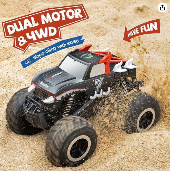 Miniatura: Carro de control remoto (RC) anfíbio JJRC Q127B 4x4, juguete todoterreno impermeable rojo y negro sobre agua y tierra