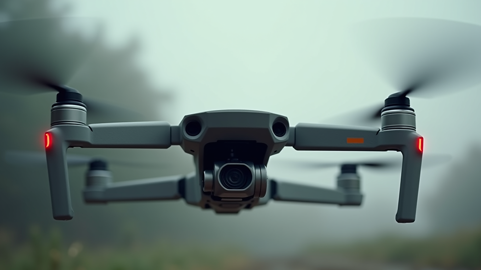 Primer plano de un dron FPV con cámara y hélices visibles