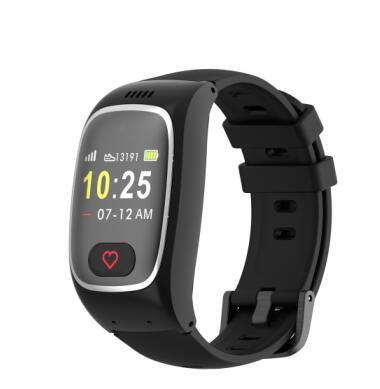 Reloj SOS Wrist GPS Locator L16 con pantalla encendida mostrando información de salud y ubicación.