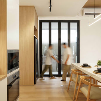 Scandinavian interior house with wood cabinetry in a dominant white wall paint