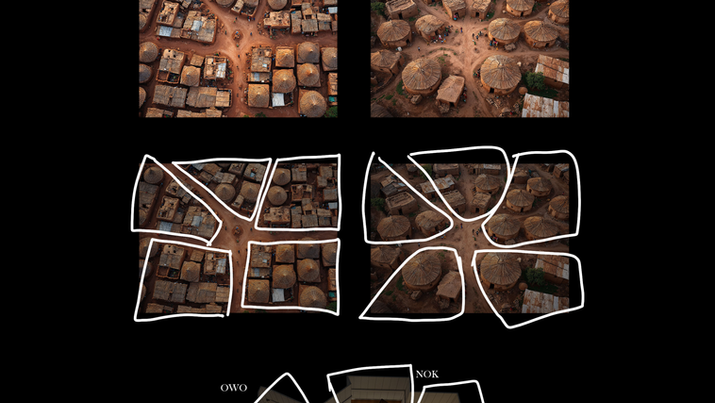 Diagram showing how Nigerian village clusters inspired the spatial design of a museum layout, with sections for Owo, Nok, Benin, Masquerades, and Ife exhibitions.