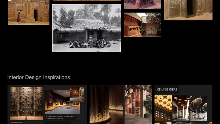 Collage showing Nigerian pre-colonial architecture alongside modern interior design inspirations, including mud wall textures, masquerade masks, columns, dividers, and ceiling ideas.