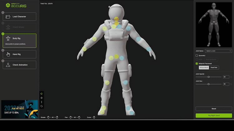 An animation displaying a user refining rigging joints on a 3D humanoid model, ensuring alignment and smooth motion functionality.