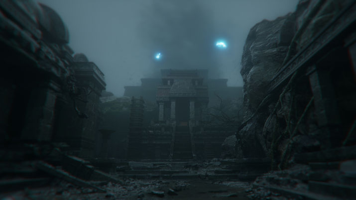 A misty view of an ancient, weathered temple façade surrounded by rocky cliffs. Mysterious blue lights float in the fog above the structure, adding a supernatural element.