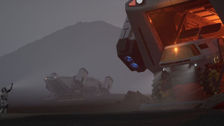 A glowing transport pod with a vehicle exiting in the foreground, while other pods and a mountain range loom in the misty background. A person gestures near the pod.