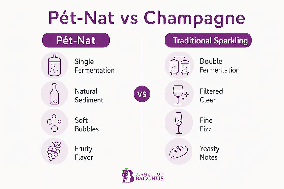 Infographic comparing pét-nat and traditional sparkling wine characteristics