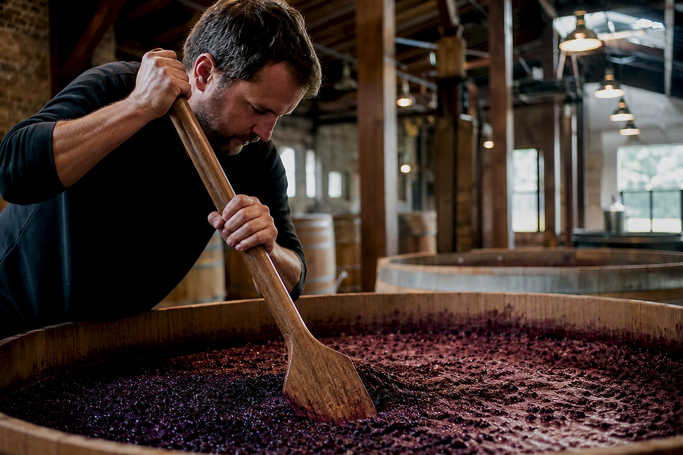 Hands stirring grape must in fermentation tank