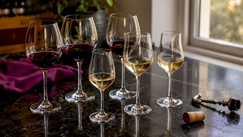 Top down view of assorted wine glass types