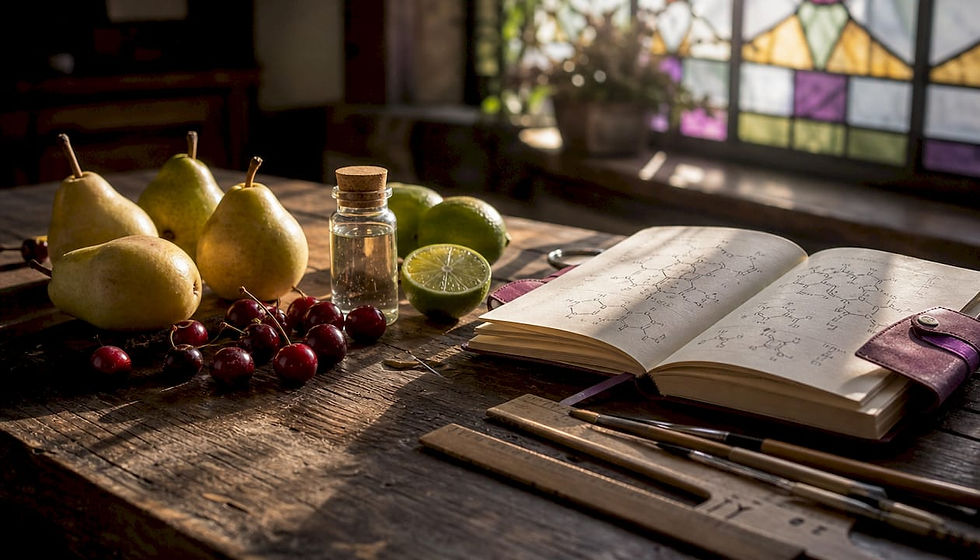 Close-up of wine acid related natural ingredients on lab table