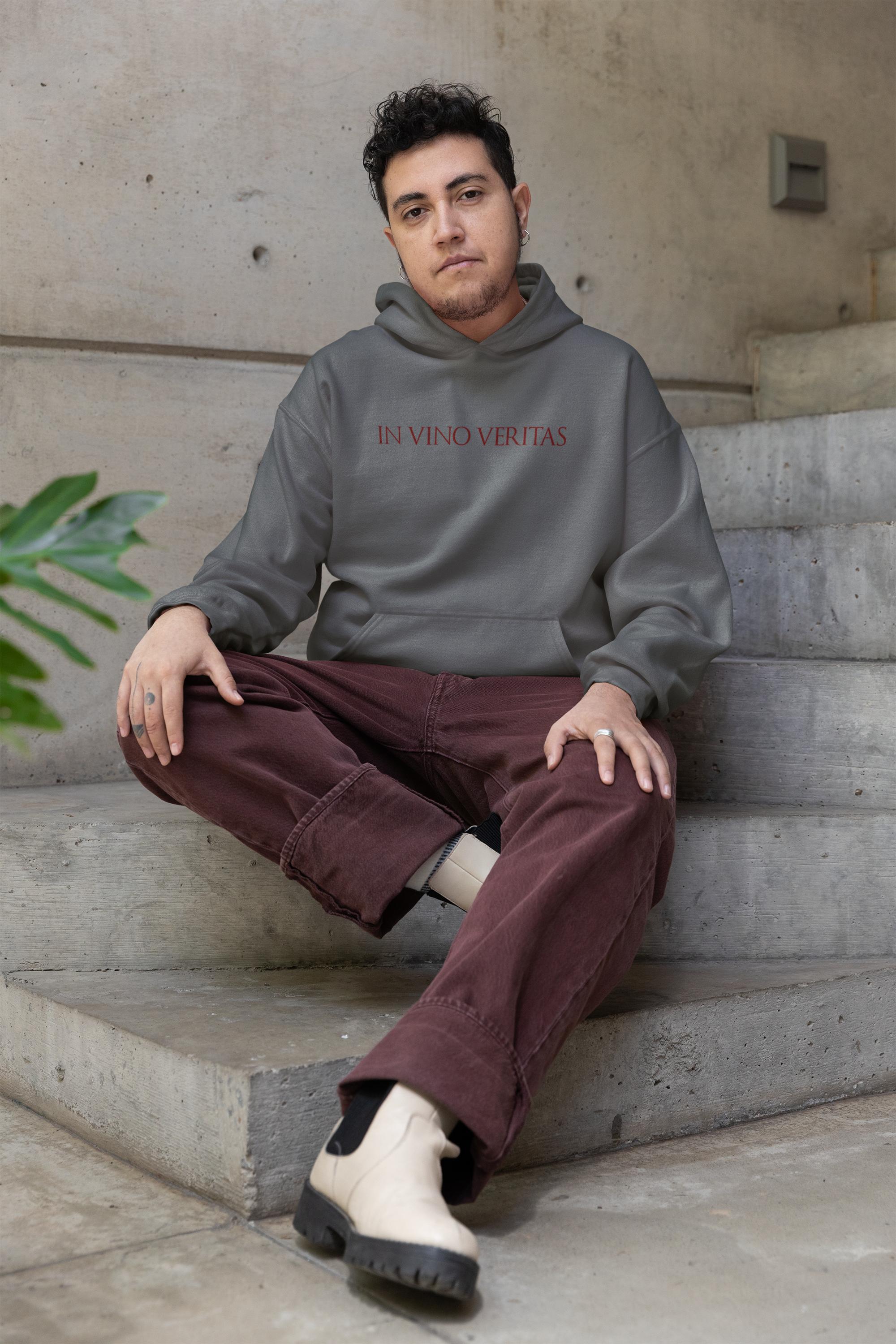 In Vino Veritas Maroon Embroidered Pigment-Dyed Hoodie
