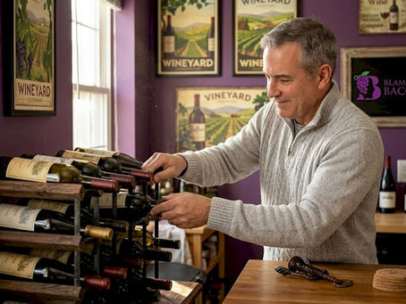 Man arranging bottles in home wine rack