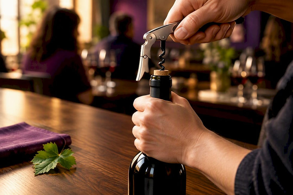 Hands using a double hinged corkscrew