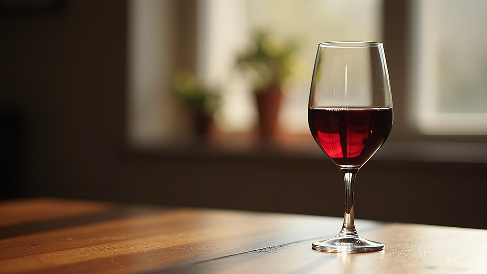 Close-up view of a wine glass filled with red wine on a wooden table