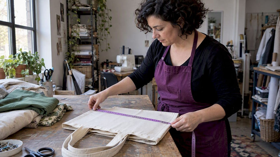Maker measuring a canvas tote bag