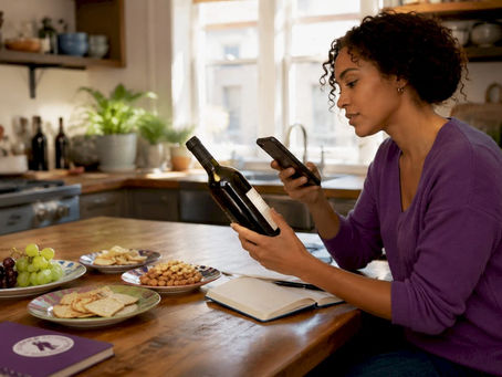 Woman scanning wine bottle label with app