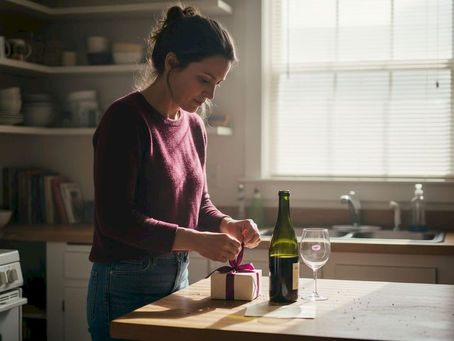 Woman wrapping a wine gift in her kitchen