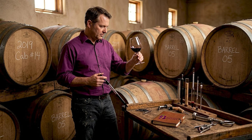 Winemaker examining wine in oak barrels