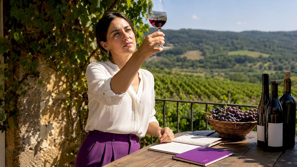 Sommelier tasting wine in vineyard tasting room