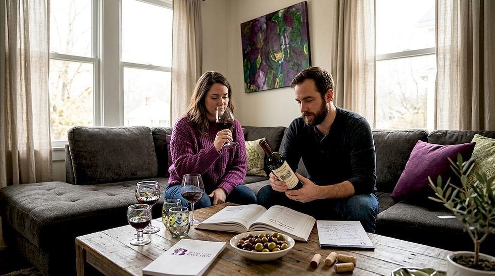 Couple tasting wine in cozy living room