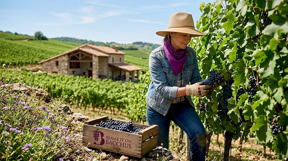 Vineyard worker inspecting grapes at organic winery