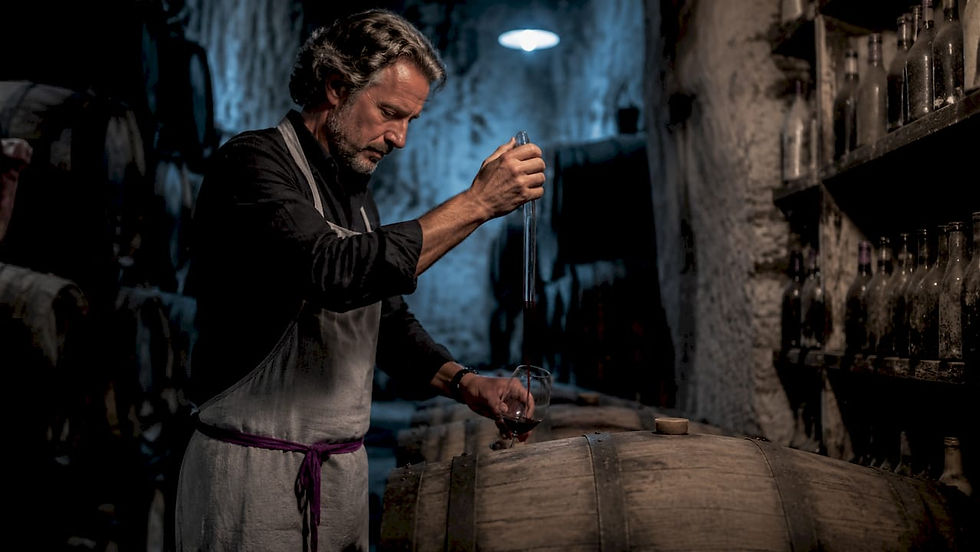 Wine cellar worker sampling fortified wine from barrel