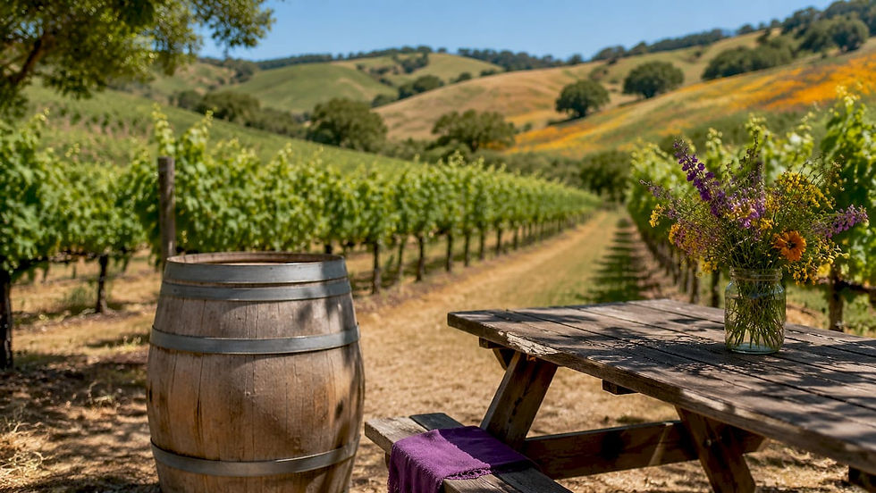 California vineyard landscape with picnic table and barrels