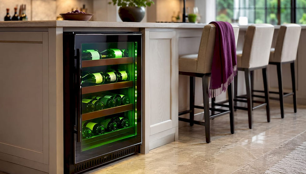 Modern wine cooler with purple LED lighting