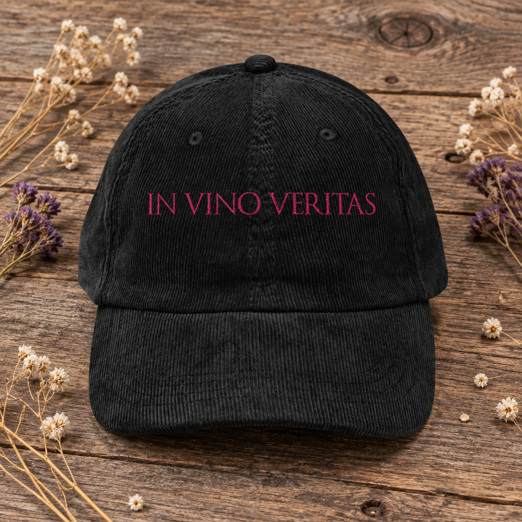 Vintage Corduroy Cap — Rosé "In Vino Veritas" Embroidered Wine Lover Hat