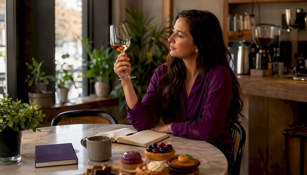Woman tasting rose wine in vineyard room
