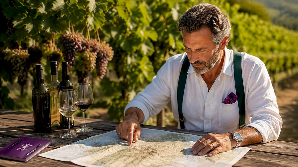 Man studying Austrian wine map at kitchen table